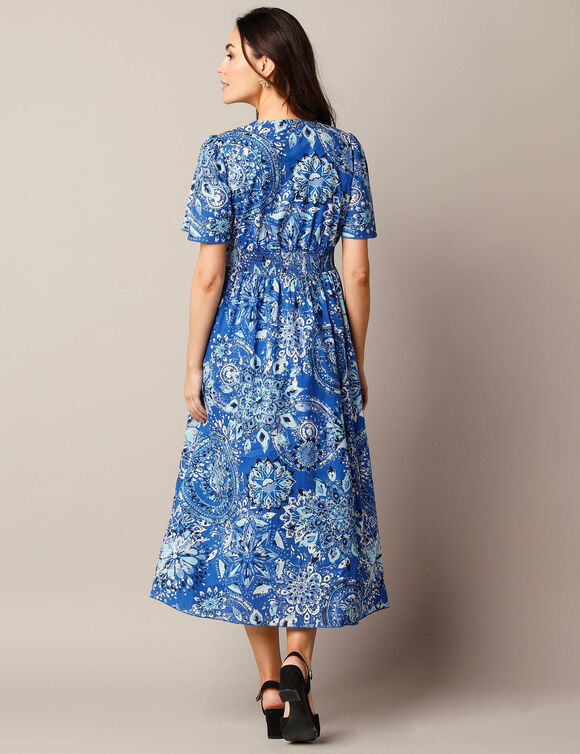 Robe longue évasée, coton imprimé (bleu / blanc)