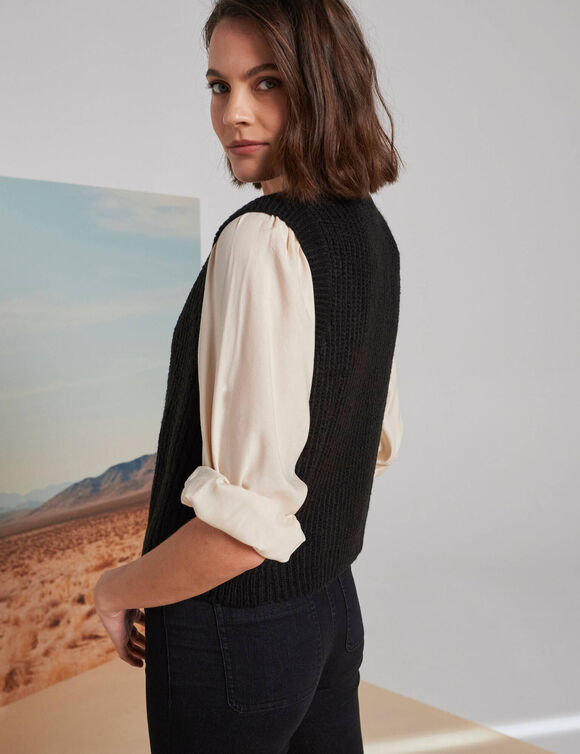 Gilet sans manches toucher doux, boutons dorés (noir)