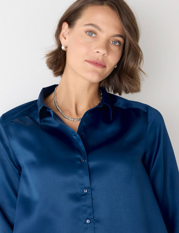 Chemise volume ample unie, satin (bleu nuit)