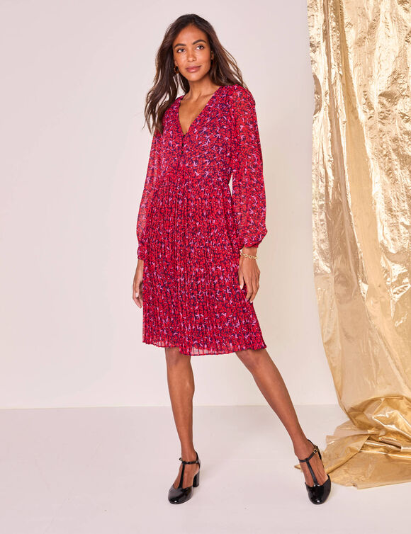 Robe imprimé fleuri, voile plissé (prune / rouge)