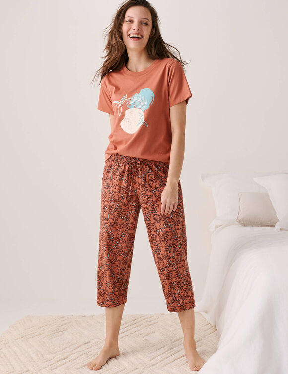 Pantacourt pyjama coton imprim&eacute; "feuillage" avec lien &agrave; nouer (terracotta)