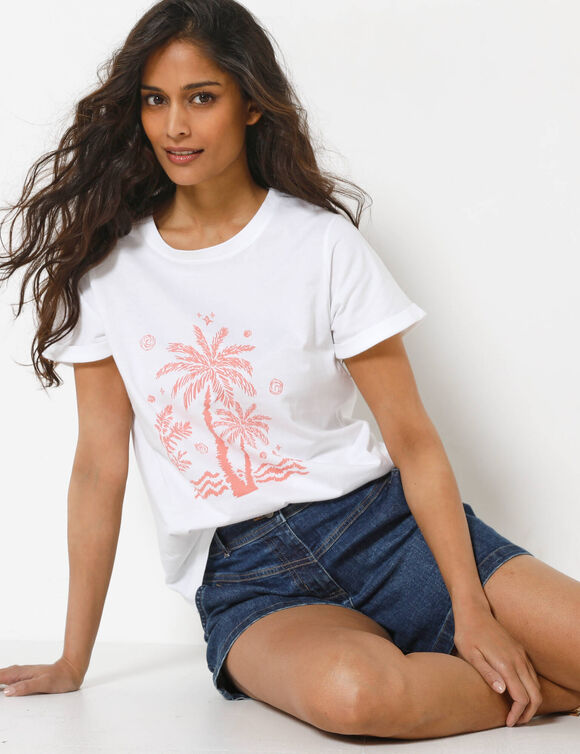 T-shirt manches courtes imprim&eacute; palmiers (blanc / corail)