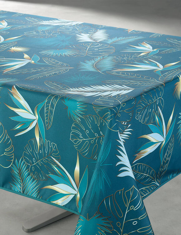 Tafellaken Vahinée in polyester met bladerenprint (blauw)