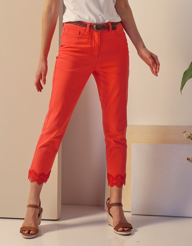 7/8-broek met nauwsluitend model met macramé onder (koraal)