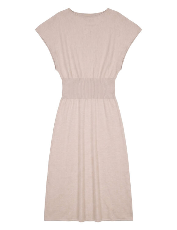 Robe pull longue, manches coudes, maille fine (beige chin&eacute;)