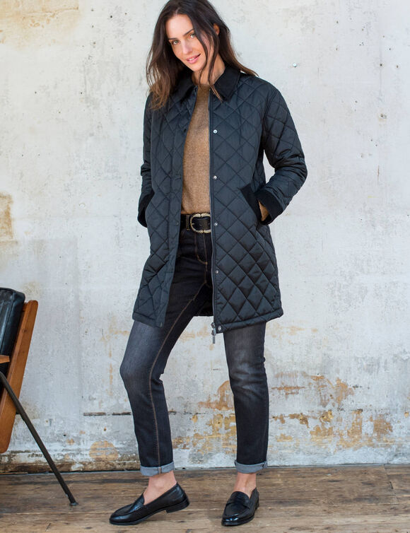 Veste longue matelass&eacute;e, d&eacute;tails velours (noir)