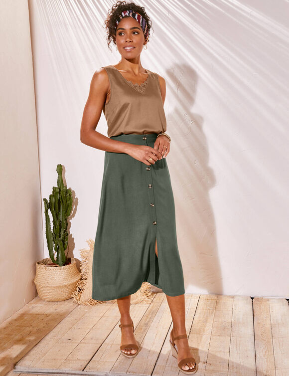 Jupe boutonnée fluide unie, Spécial Petites (kaki)