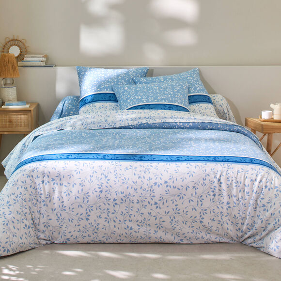 Bedlinnen Constance met bladerenprint, in katoen (blauw)