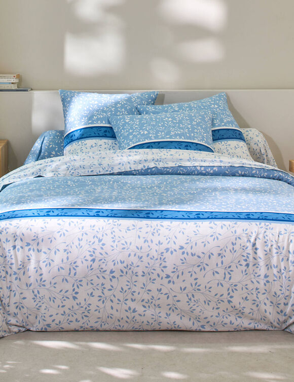 Linge de lit Constance en coton imprimé feuilles (bleu)