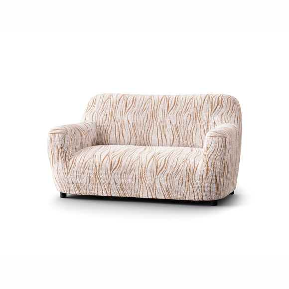 Housse bi-extensible microfibre imprim&eacute; vagues pour fauteuil et canap&eacute; (beige)