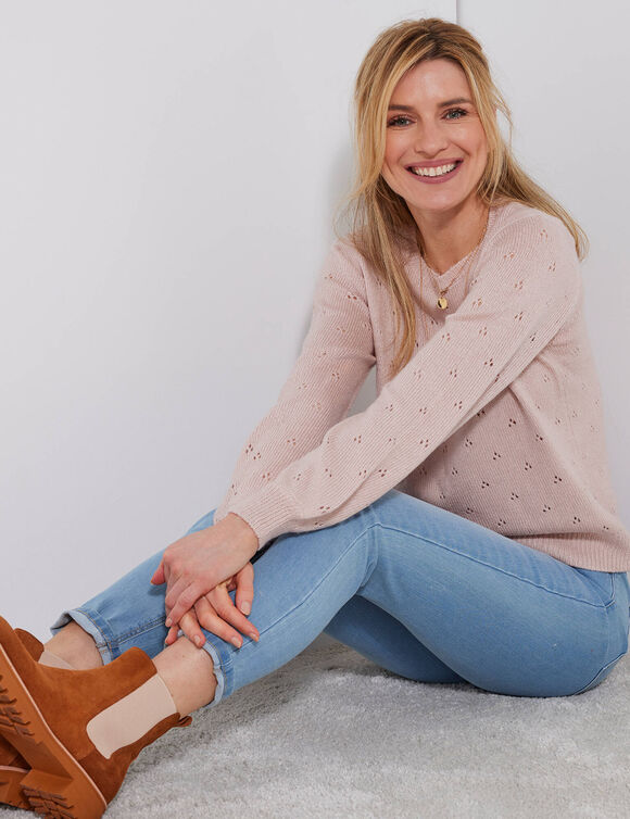 Pull col rond, maille pointelle toucher doux (rose poudré)