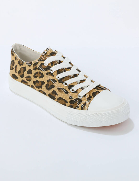 Sneakers in canvas met veters en luipaardmotief (bruin / zwart)