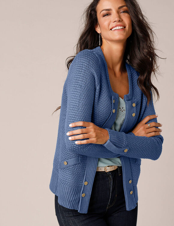 Gilet maille fantaisie boutons dorés vieillis (bleu)