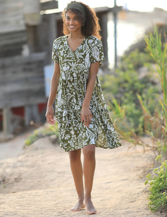 Robe col V courte imprimée, crépon (kaki / blanc)