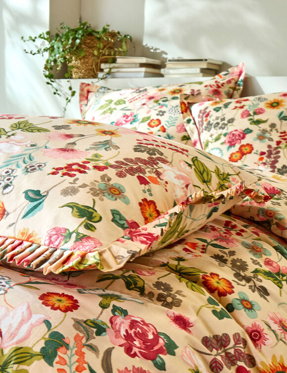 Linge de lit Kelly en coton imprim&eacute; floral (beige)