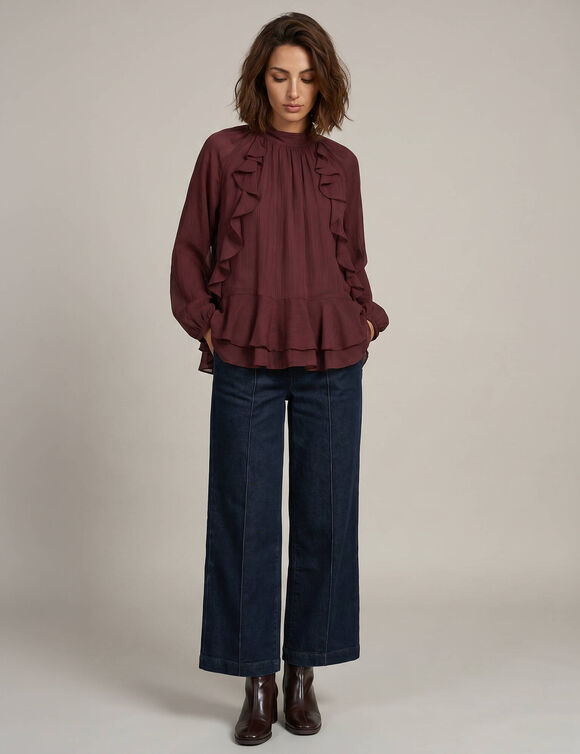 Blouse volant&eacute;e, manches longues blousantes, voile (bordeaux)
