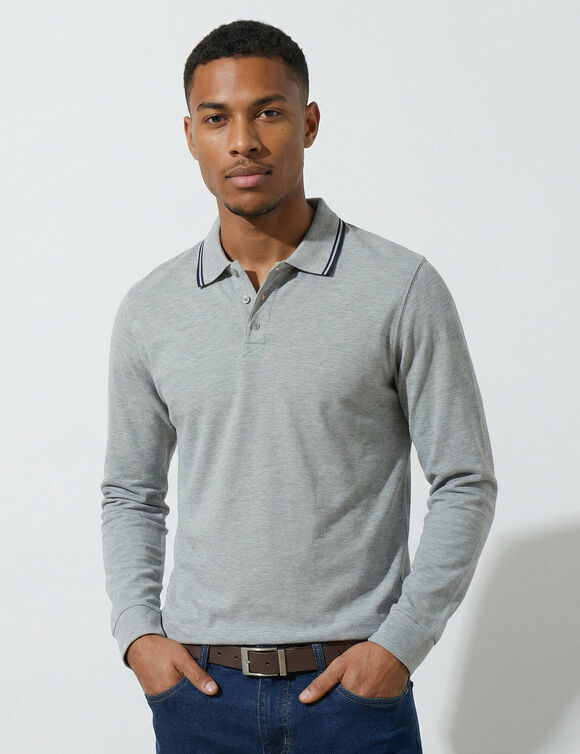 Polo uni maille piqu&eacute;e manches longues (gris chin&eacute;)