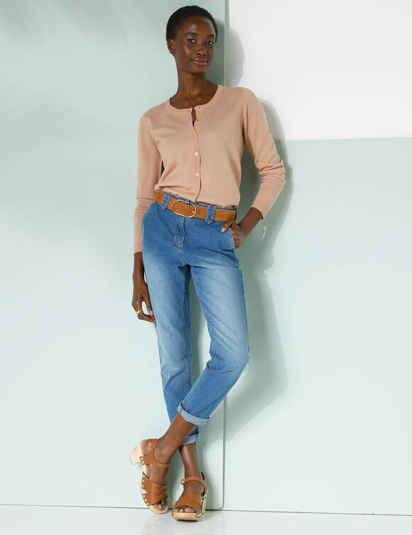 Cardigan boutonné col rond uni, toucher doux (beige)