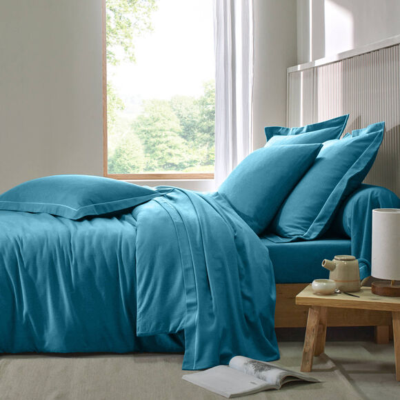 Drap-housse uni flanelle bonnets 32 cm (bleu paon)