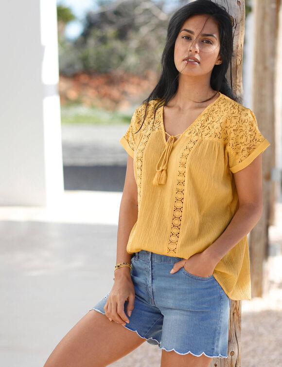 Blouse macram&eacute;, cr&eacute;pon coton (curry)