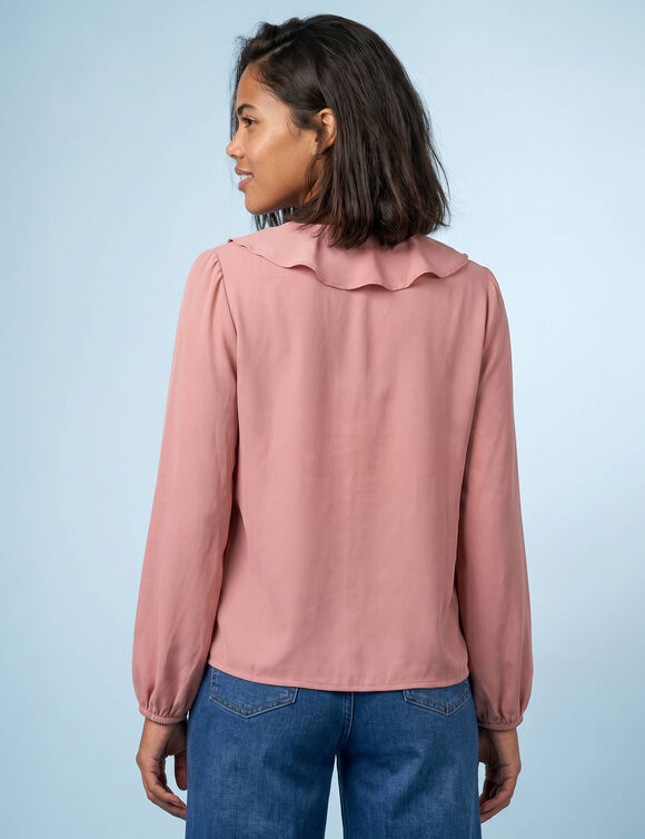 Chemisier col V volant&eacute; en cr&eacute;pon de viscose, Sp&eacute;cial Petites (bois de rose)