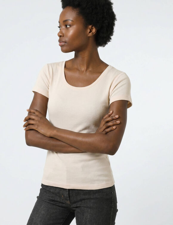 T-shirt col rond uni manches courtes en coton biologique(**) (beige)