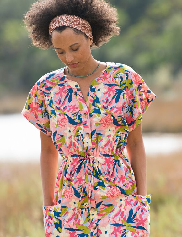 Robe midi boutonnée imprimée, coton lin (pêche / vert)