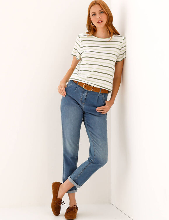 T-shirt ray&eacute; manches courtes, maille jersey (&eacute;cru / vert amande)