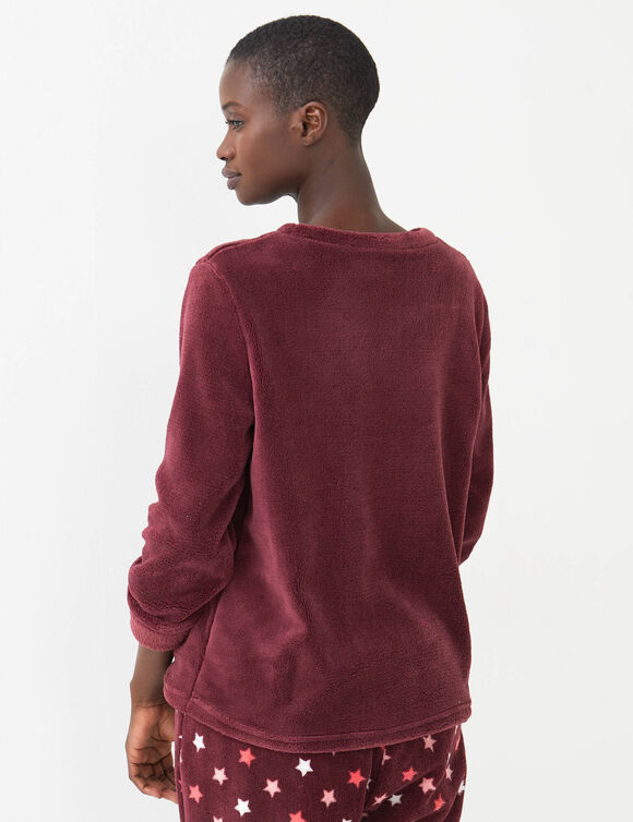 Pyjama pantalon polaire "&eacute;toiles", toucher peluche (bordeaux / corail)