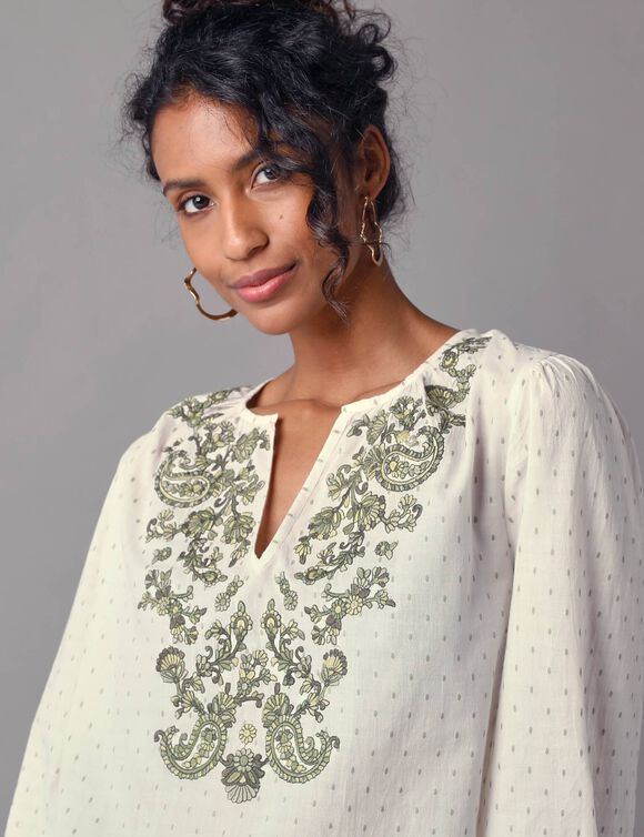 Blouse brodée manches blousantes (écru / kaki)