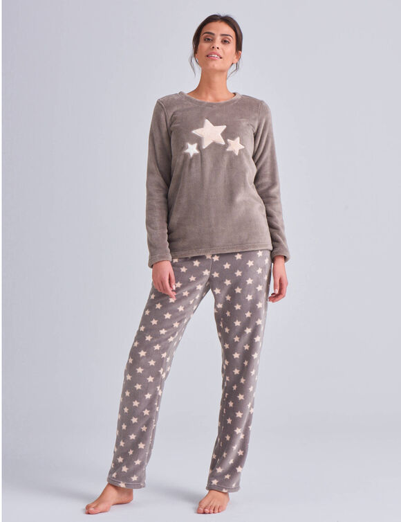 Pyjama pantalon polaire "étoiles", toucher peluche (taupe / rose)