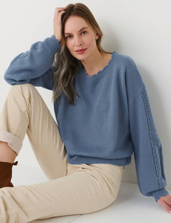 Trui met ronde hals en geschulpte afwerking (denim blauw)