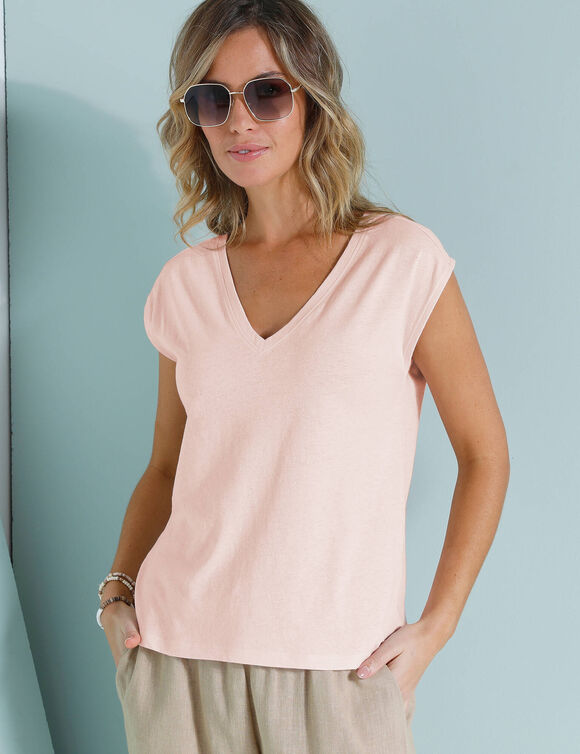 T-shirt col V uni, mélange coton-lin (rose poudré)