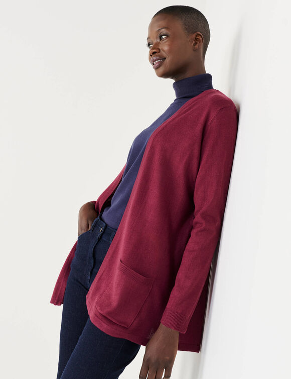 Gilet porter ouvert, maille toucher doux (prune)