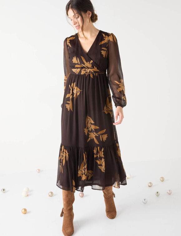 Robe longue volant, voile imprimé (chocolat / caramel)