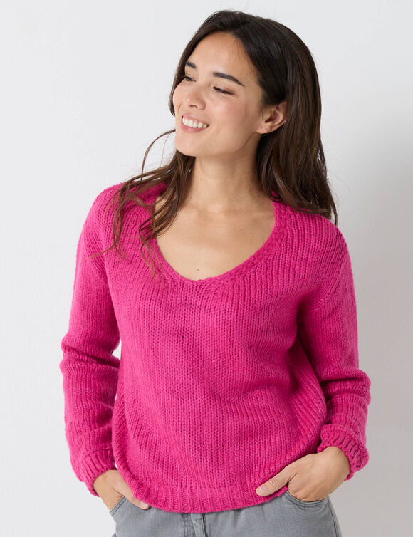 Trui met V-hals en loose volume, mohairtouch (fuchsiaroze)