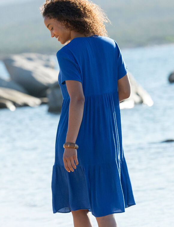 Robe col V courte unie, crépon (bleu dur)