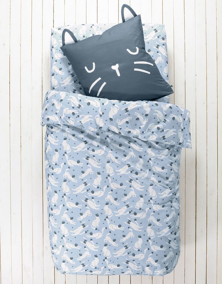 Linge de lit enfant imprimé chats Miaou 1 personne - coton biologique, bleu Linge de lit enfant imprimé chats Miaou 1 personne - coton biologique, bleu, hi-res image number 5