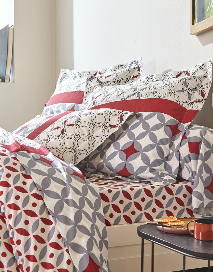 Bedlinnen Marlow, katoen met geometrische motieven (grijs / rood)