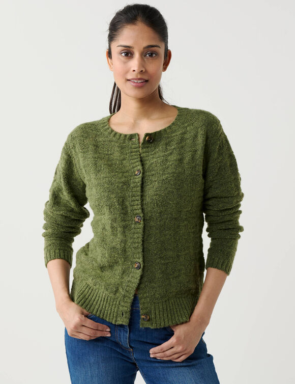 Gilet boutonn&eacute;, maille fantaisie en laine m&eacute;lang&eacute;e (vert mousse)