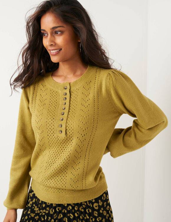 Pull ajouré col tunisien boutonné (vert olive)