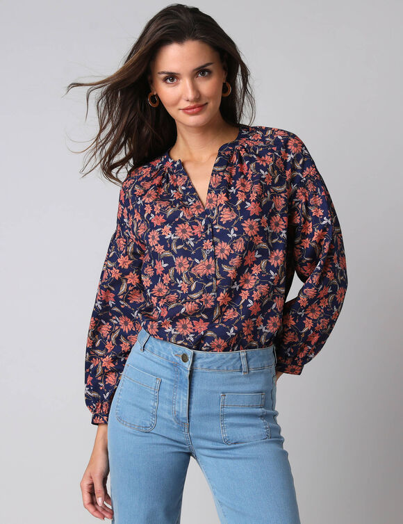 Blouse imprim&eacute;e manches blousantes (bleu)