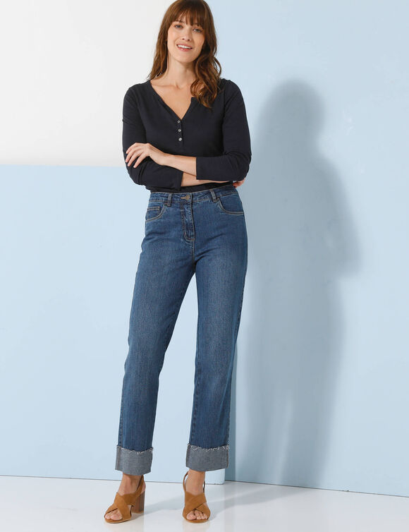 Tee-shirt col tunisien manches longues, uni (marine)