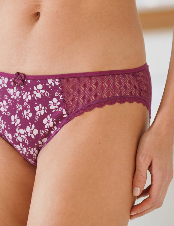 Culotte midi coton dentelle imprimé fleurs Coria - lot de 2 (prune)