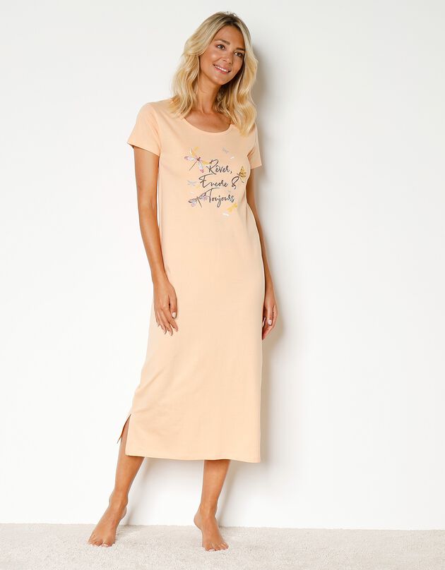 Chemise de nuit longue manches courtes motif Rêver (pêche)
