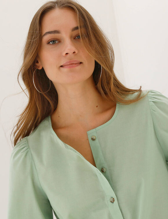 Chemisier uni col rond, manches longues blousantes (vert)