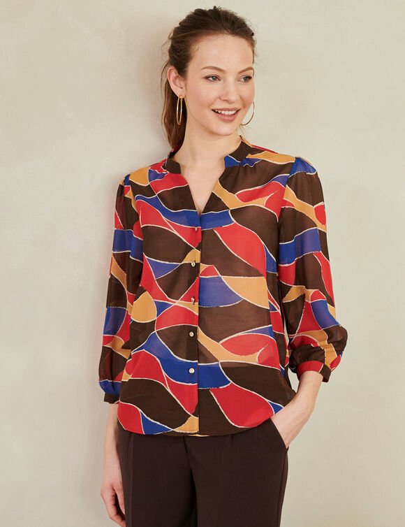 Chemisier boutonn&eacute;, voile imprim&eacute; graphique (chocolat / bleu)