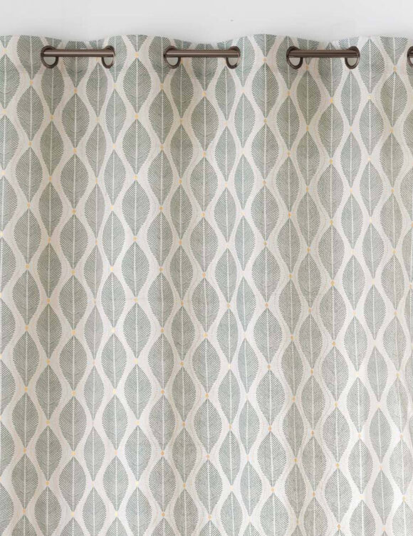 Gordijn met oogringen en bladerenprint, metallic details (naturel / groen)