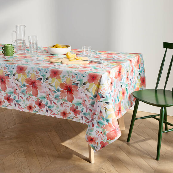 Tafellaken in toile cir&eacute;e met hibiscusbloemenmotief (koraal)