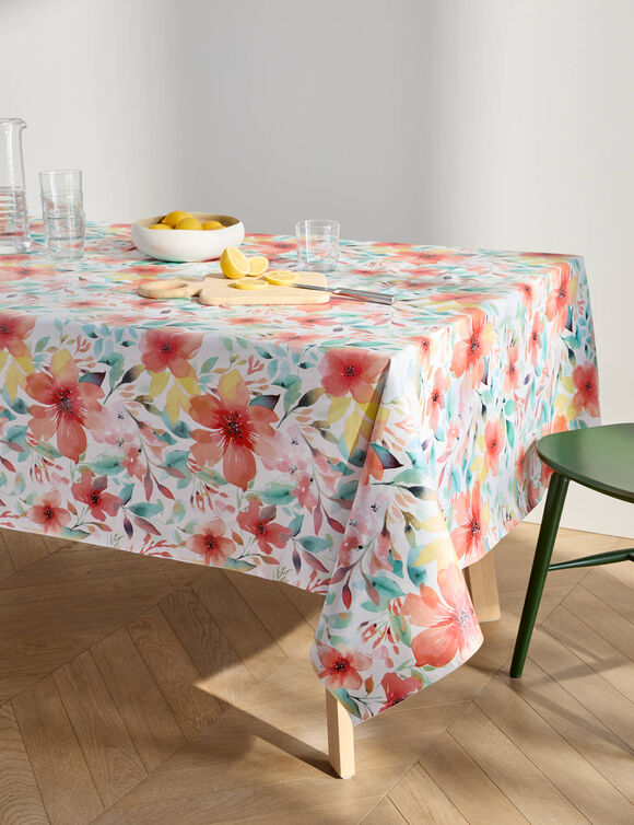 Tafellaken in toile cir&eacute;e met hibiscusbloemenmotief (koraal)